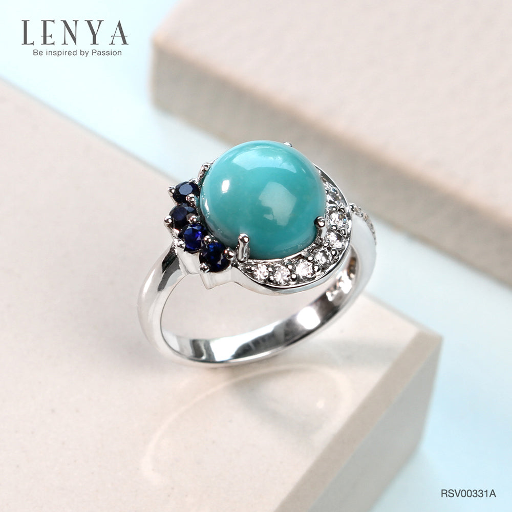 LENYA แหวนหินเทอร์ควอยส์ เสริมพลังอำนาจและสติปัญญา ขนาด 10 มิล ตัวเรือนเงินแท้925 ชุบทองคำขาว