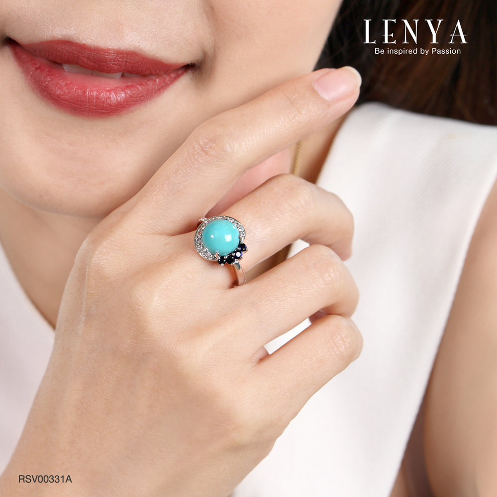 LENYA แหวนหินเทอร์ควอยส์ เสริมพลังอำนาจและสติปัญญา ขนาด 10 มิล ตัวเรือนเงินแท้925 ชุบทองคำขาว