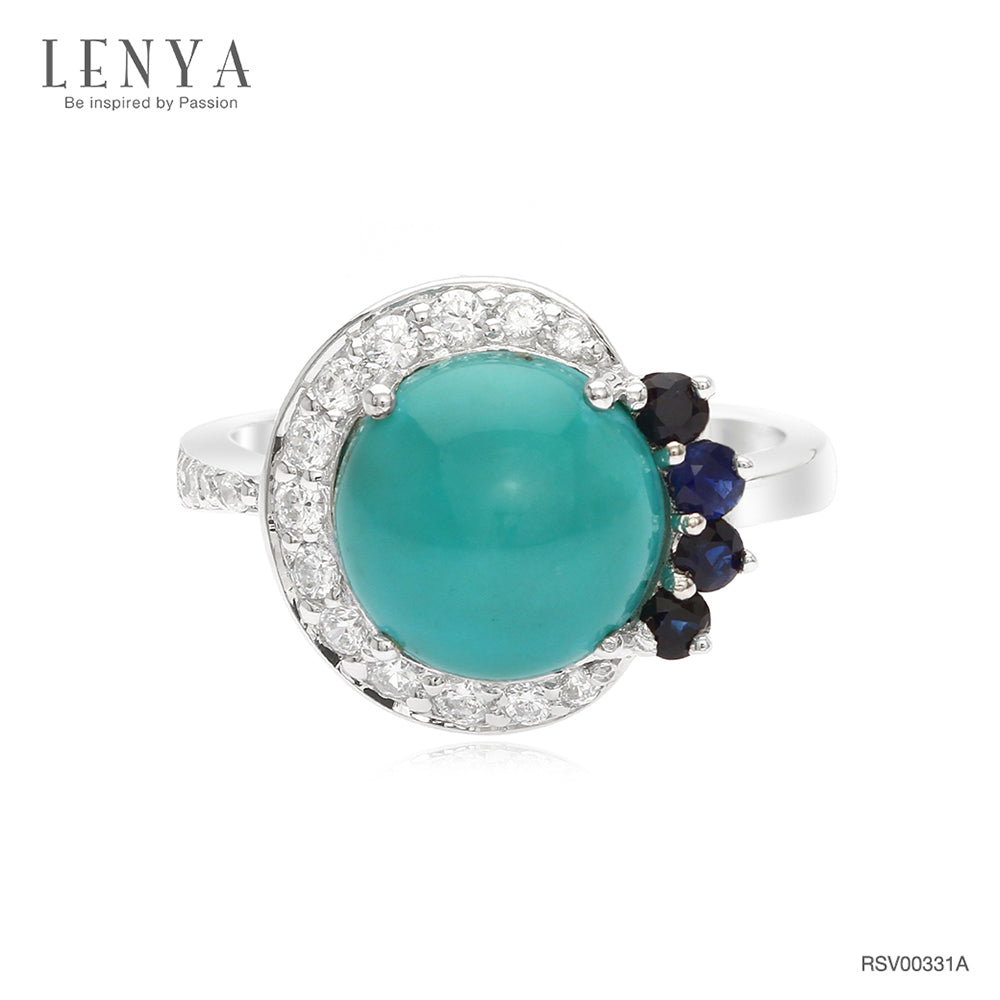 LENYA แหวนหินเทอร์ควอยส์ เสริมพลังอำนาจและสติปัญญา ขนาด 10 มิล ตัวเรือนเงินแท้925 ชุบทองคำขาว