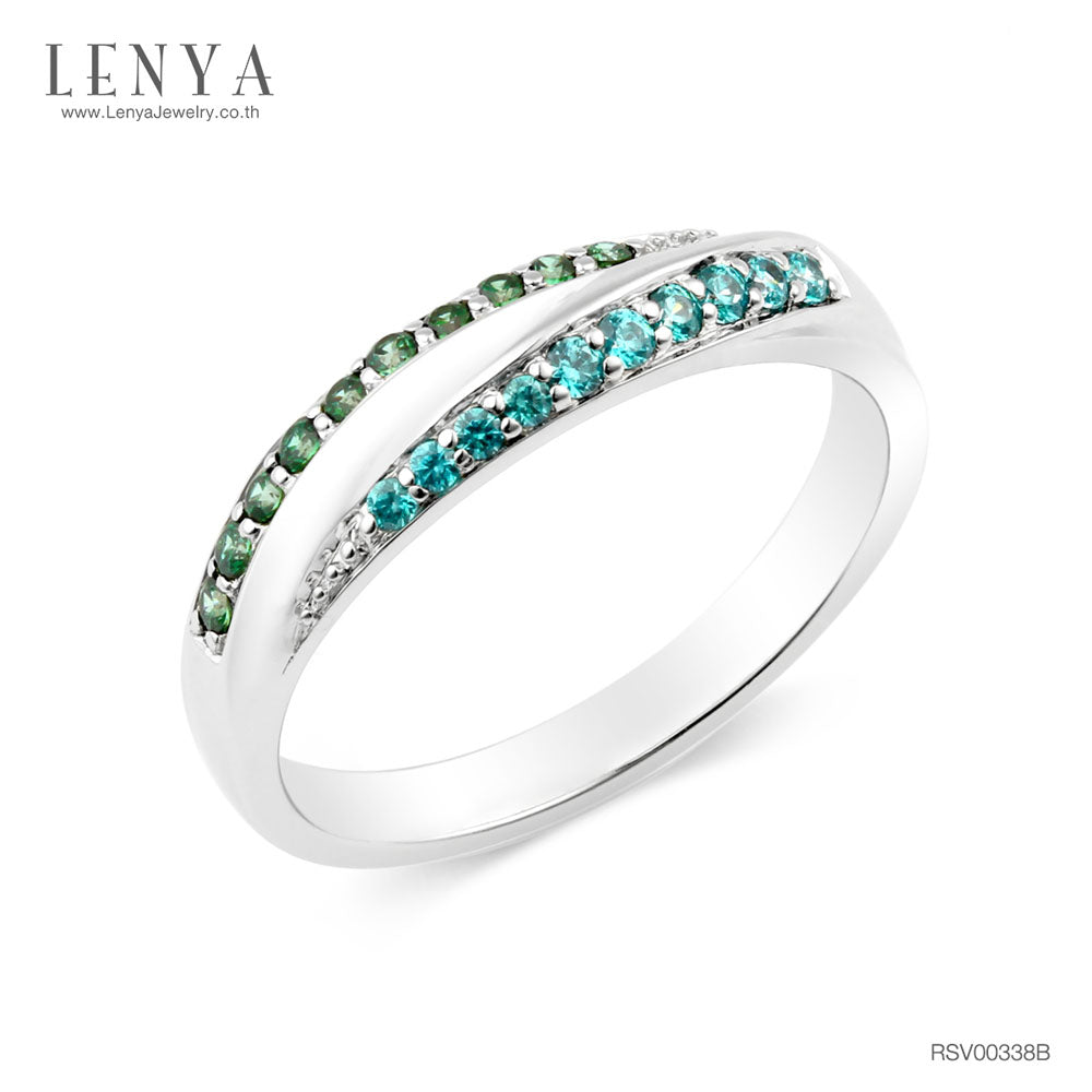 LENYA แหวนประดับ SWAROVSKI ZIRCONIA สีเขียวและสีฟ้า  ตัวเรือนเงินแท้ 925  ชุบทองขาว ใส่แหวน เสริมรสนิยม สวยสง่า ดูดี