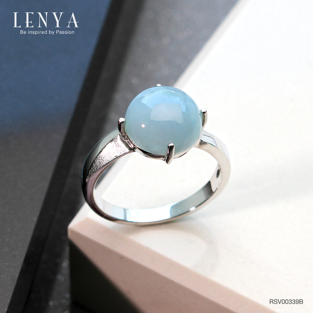LENYA แหวนหินอะความารีน เสริมความสงบ ความกล้าหาญ ขนาด 10 มิล ตัวเรือนเงินแท้925 ชุบทองคำขาว