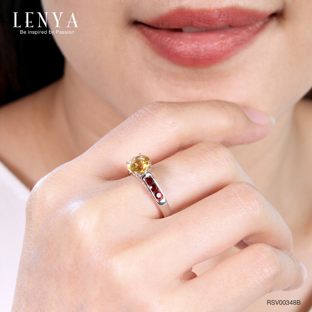 LENYA แหวนพลอยซิทริน ช่วยเรียกทรัพย์ สดใส พลังบวก ขนาด 7 มิล ตัวเรือนเงินแท้925 ชุบทองคำขาว