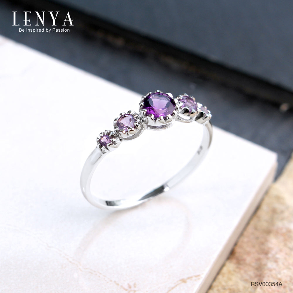 LENYA แหวนพลอยอเมทิสต์ เสริมความสงบใจ มีสติ มั่งคั่ง ขนาด 4 มิล ตัวเรือนเงินแท้925 ชุบทองคำขาว