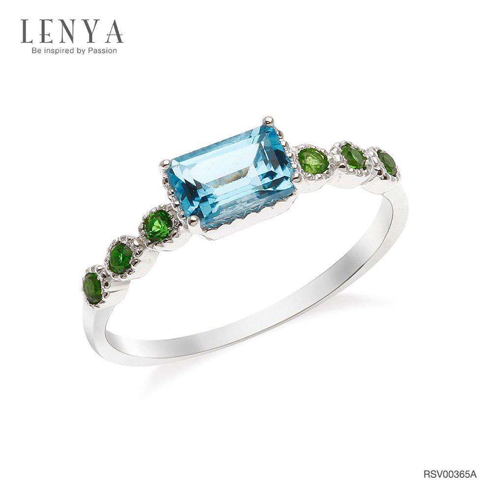 LENYA แหวนเงินแท้ 925 ชุปทองคำขาว ประดับพลอย สีฟ้า บลูโทแพซ(Blue Topaz) รูปทรงสี่เหลี่ยม ดูมีสไตล์ และเสริมแต่งด้วย สีเขียว โครม ไดออฟไซต์ (chrome Diopside)  เพิ่มความโดดเด่นอย่างสวยงาม