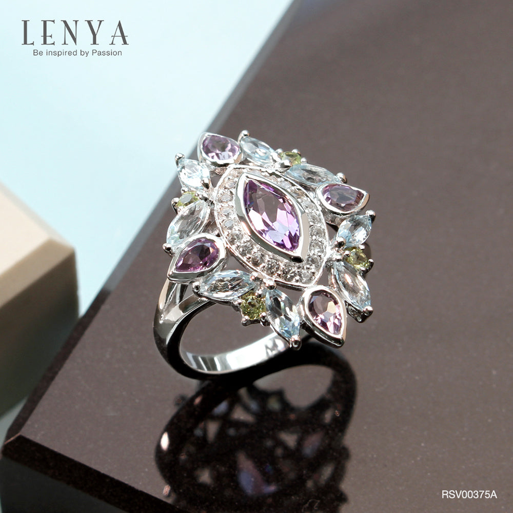 LENYA แหวนเงินแท้ 925 ชุบทองคำขาว ประดับด้วยบลูโทแพซสีฟ้า (Blue Topaz) อเมทีส(Amathyst) และ ไวโทแพซ(White Topaz)