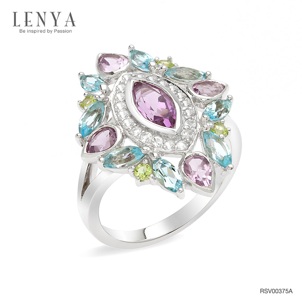 LENYA แหวนเงินแท้ 925 ชุบทองคำขาว ประดับด้วยบลูโทแพซสีฟ้า (Blue Topaz) อเมทีส(Amathyst) และ ไวโทแพซ(White Topaz)