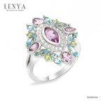 LENYA แหวนเงินแท้ 925 ชุบทองคำขาว ประดับด้วยบลูโทแพซสีฟ้า (Blue Topaz) อเมทีส(Amathyst) และ ไวโทแพซ(White Topaz)