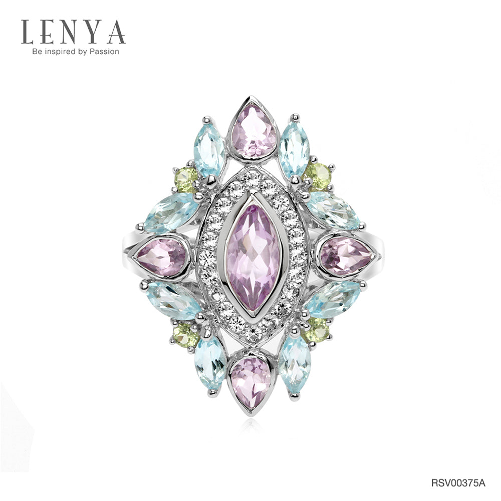 LENYA แหวนเงินแท้ 925 ชุบทองคำขาว ประดับด้วยบลูโทแพซสีฟ้า (Blue Topaz) อเมทีส(Amathyst) และ ไวโทแพซ(White Topaz)