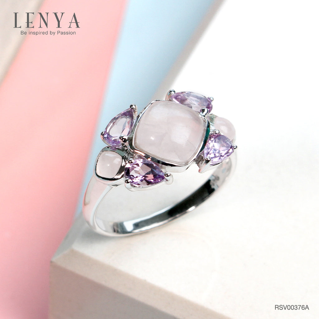 แหวนโรสควอตซ์ (Rose Quartz) และ อเมทีส (Amethyst) ตัวเรือนเงินแท้ 925 ชุบโรเดียม ดีไซน์สุดน่ารัก สีชมพูหวานๆ