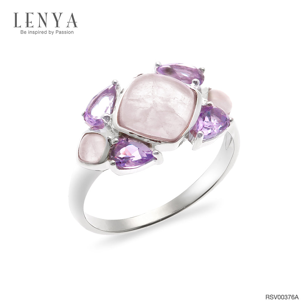 แหวนโรสควอตซ์ (Rose Quartz) และ อเมทีส (Amethyst) ตัวเรือนเงินแท้ 925 ชุบโรเดียม ดีไซน์สุดน่ารัก สีชมพูหวานๆ