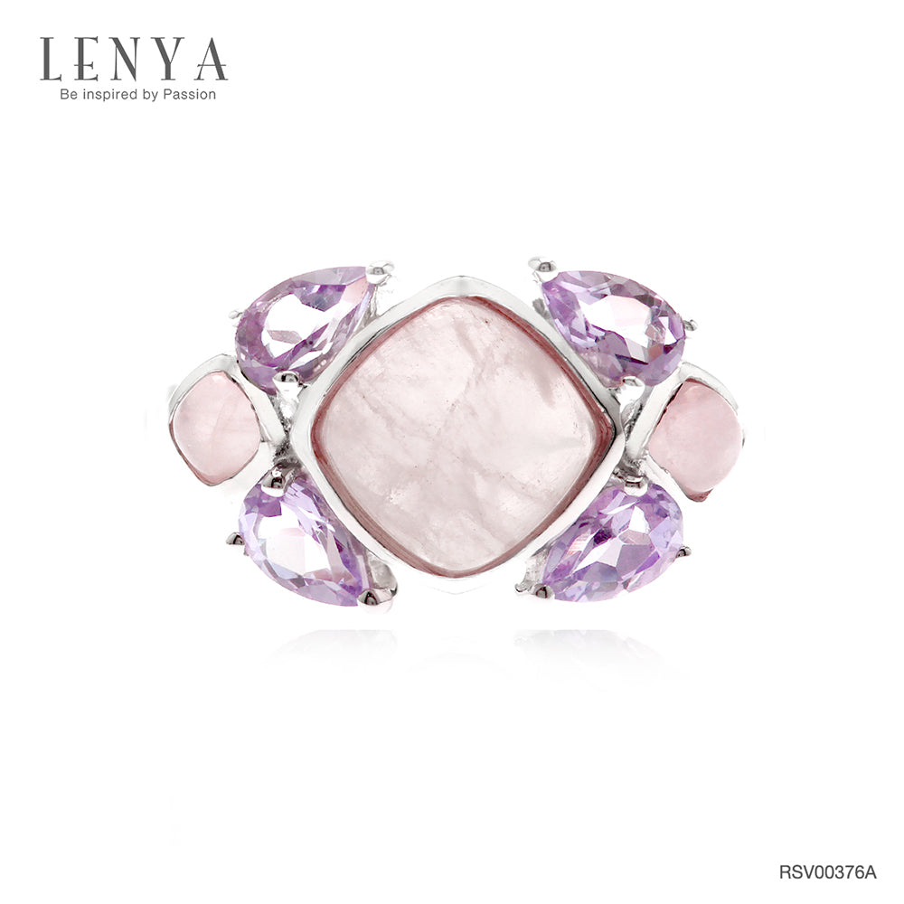 แหวนโรสควอตซ์ (Rose Quartz) และ อเมทีส (Amethyst) ตัวเรือนเงินแท้ 925 ชุบโรเดียม ดีไซน์สุดน่ารัก สีชมพูหวานๆ