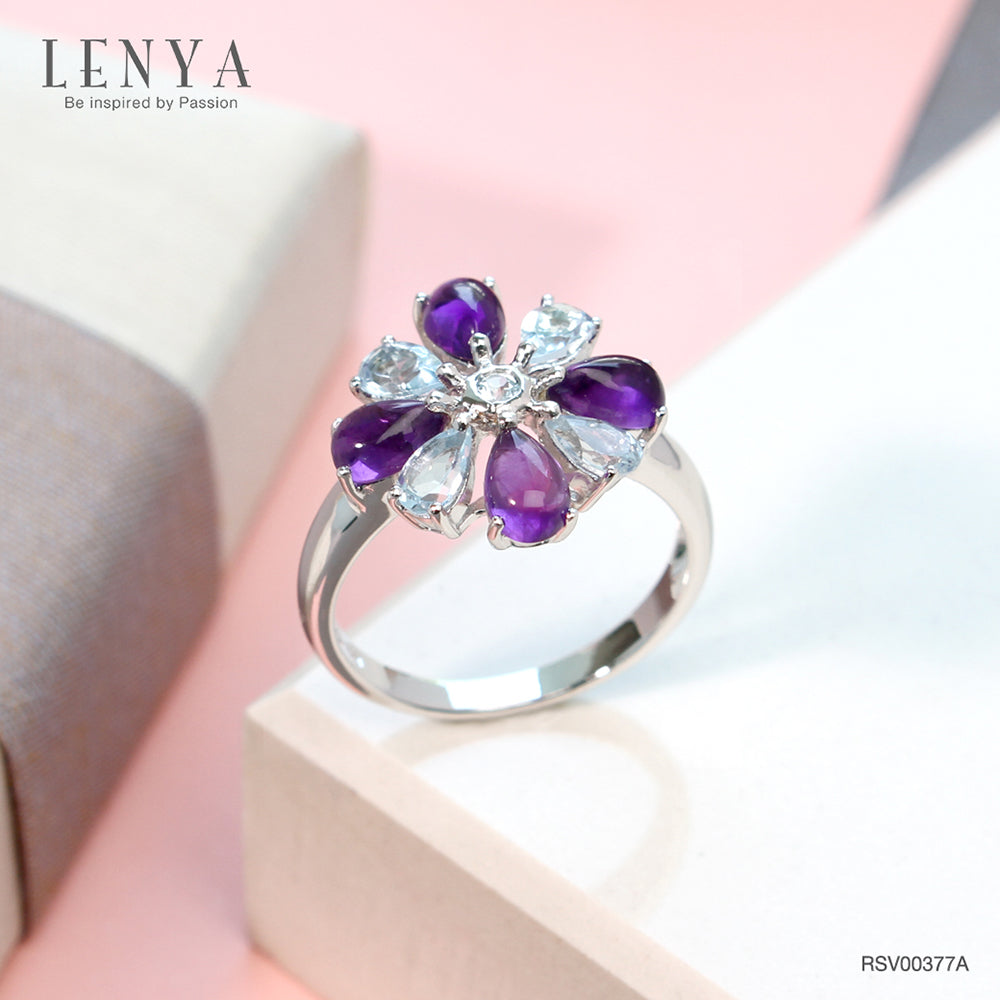 LENYA แหวนเงินแท้ 925 ชุบทองคำขาว ประดับด้วยบลูโทแพซสีฟ้า (Blue Topaz) และ อเมทีสต์(Amethyst)