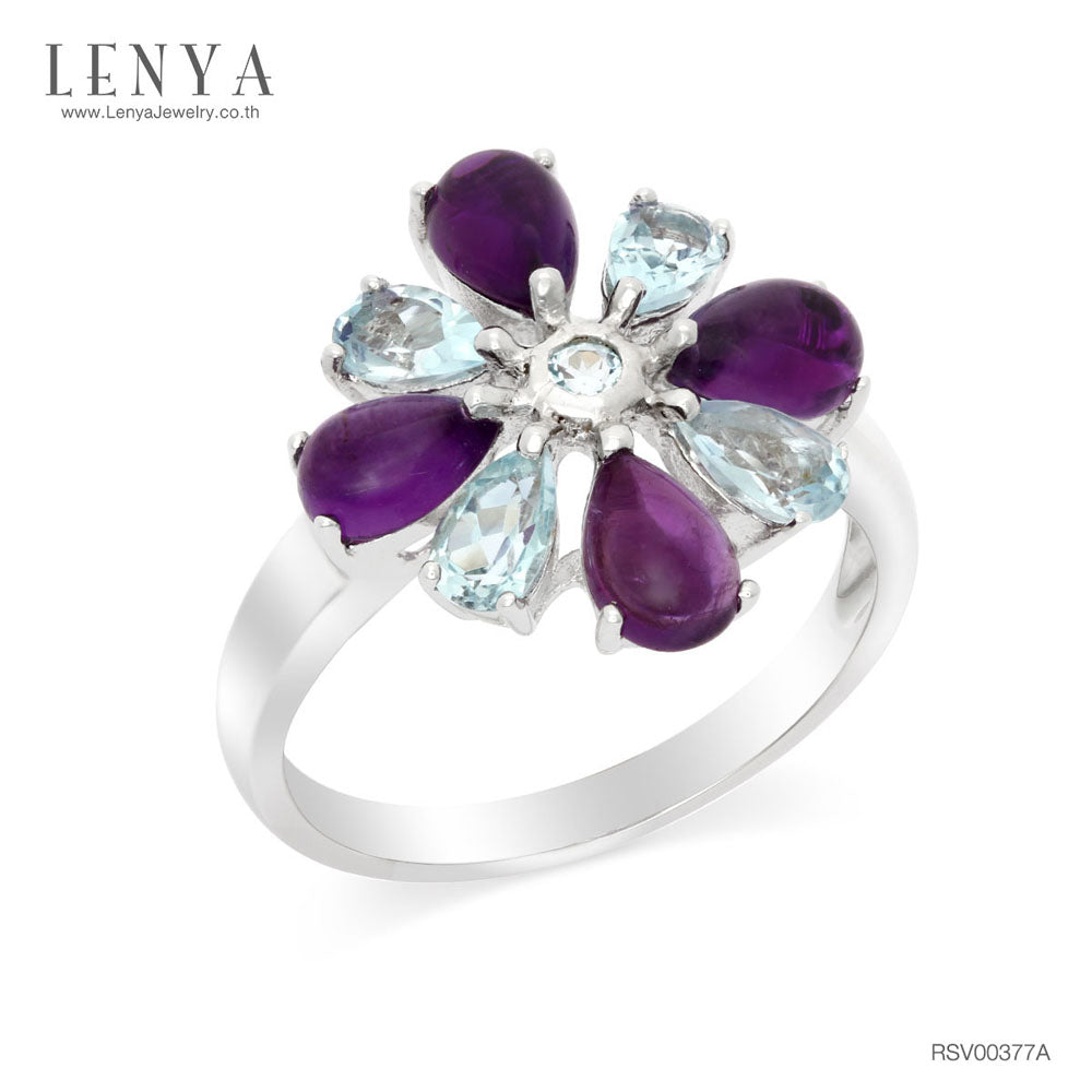LENYA แหวนเงินแท้ 925 ชุบทองคำขาว ประดับด้วยบลูโทแพซสีฟ้า (Blue Topaz) และ อเมทีสต์(Amethyst)