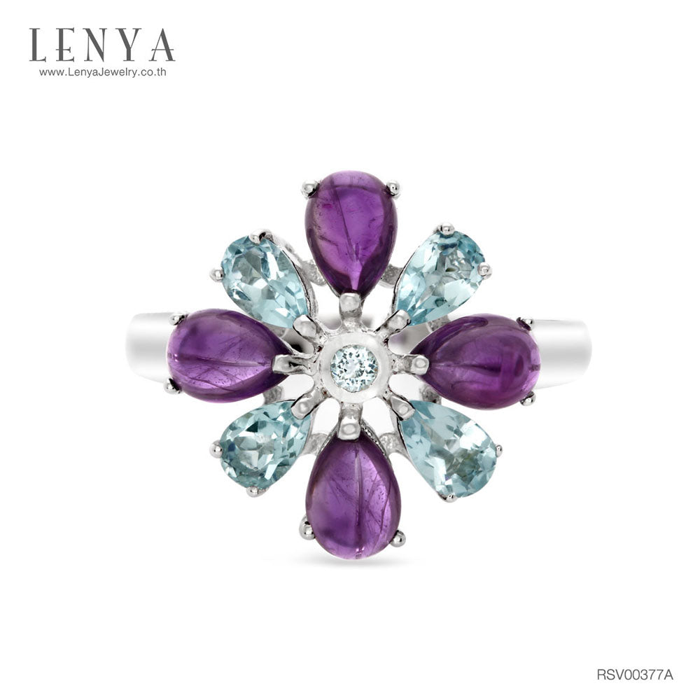 LENYA แหวนเงินแท้ 925 ชุบทองคำขาว ประดับด้วยบลูโทแพซสีฟ้า (Blue Topaz) และ อเมทีสต์(Amethyst)