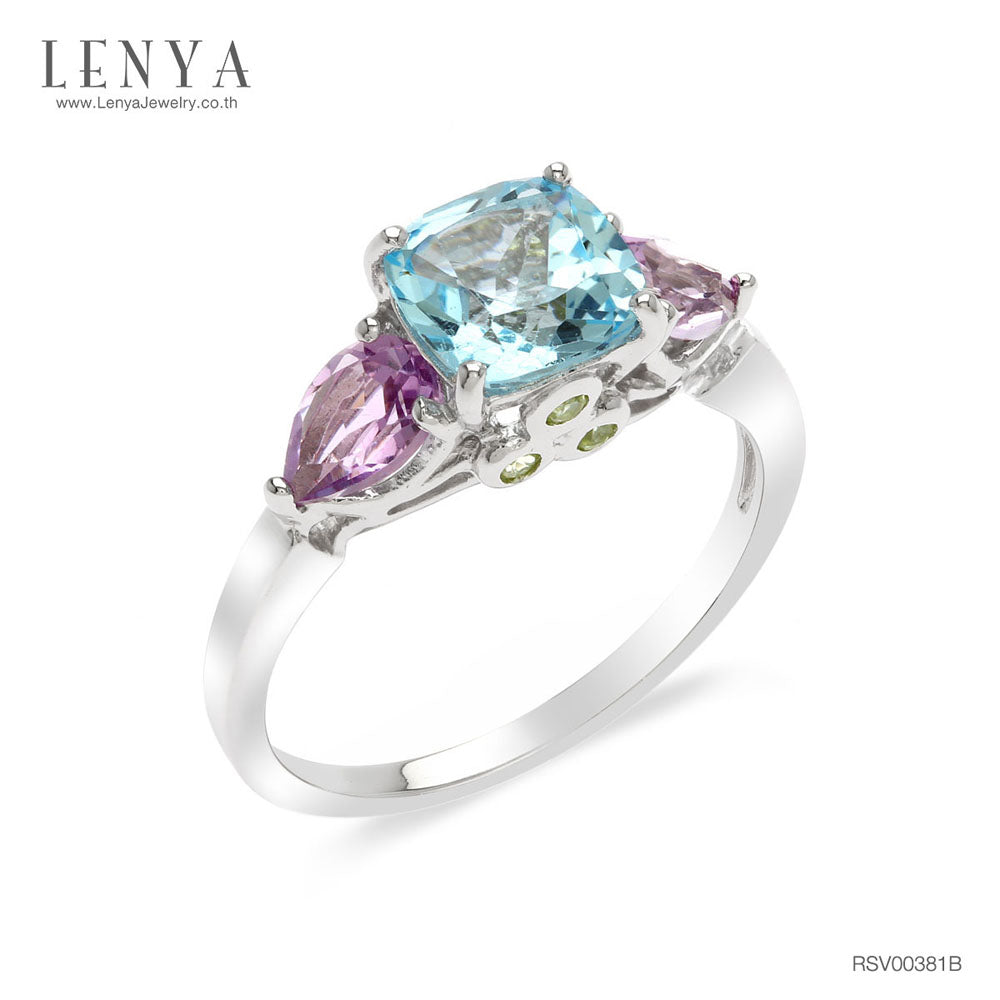 LENYA แหวนเงินแท้ 925 ชุปทองคำขาว ประดับบลูโทแพซสีฟ้า (Blue topaz ) อเมทิสต์ (Amethyst) และ เพอริดอท (Peridot ) ดีไซน์เรียบง่ายแต่ทันสมัย