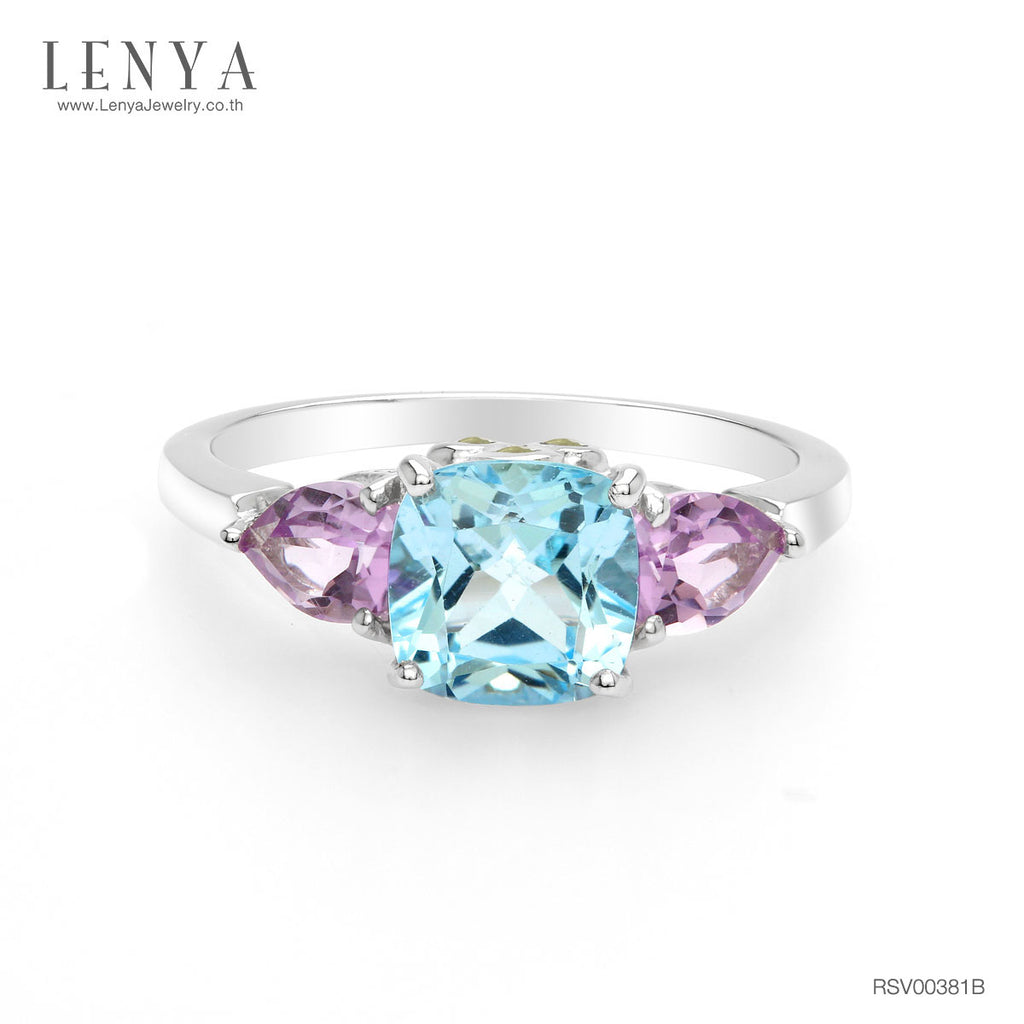 LENYA แหวนเงินแท้ 925 ชุปทองคำขาว ประดับบลูโทแพซสีฟ้า (Blue topaz ) อเมทิสต์ (Amethyst) และ เพอริดอท (Peridot ) ดีไซน์เรียบง่ายแต่ทันสมัย