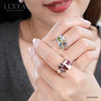 LENYA แหวนเงิน 925 ชุบโรเดียม ประดับเพอริดอท บูลโทแพซ ไพลิน และโครมไดออปไซด์ เหมาะสำหรับผู้หญิงที่มีความเข็มแข็ง ชอบความก้าวหน้า และความทันสมัย