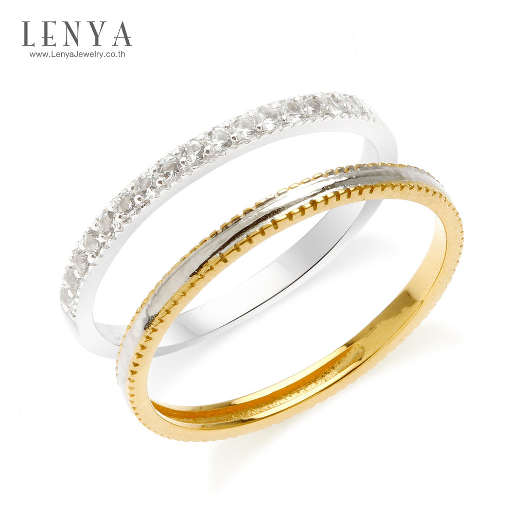 LENYA แหวนเงินแท้ 925 ดีไซน์ 2 in 1 ตัวเรือนชุปทองคำขาวประดับพลอย สีขาวไวท์ โทปาซ (White Topaz) แหวนเกลี้ยงดูเรียบหรู ชุปสองสี ทองคำขาวและทอง 18 เค สามารถ Mix and Match  และเลือกใส่ในแบบสไตส์คุณ