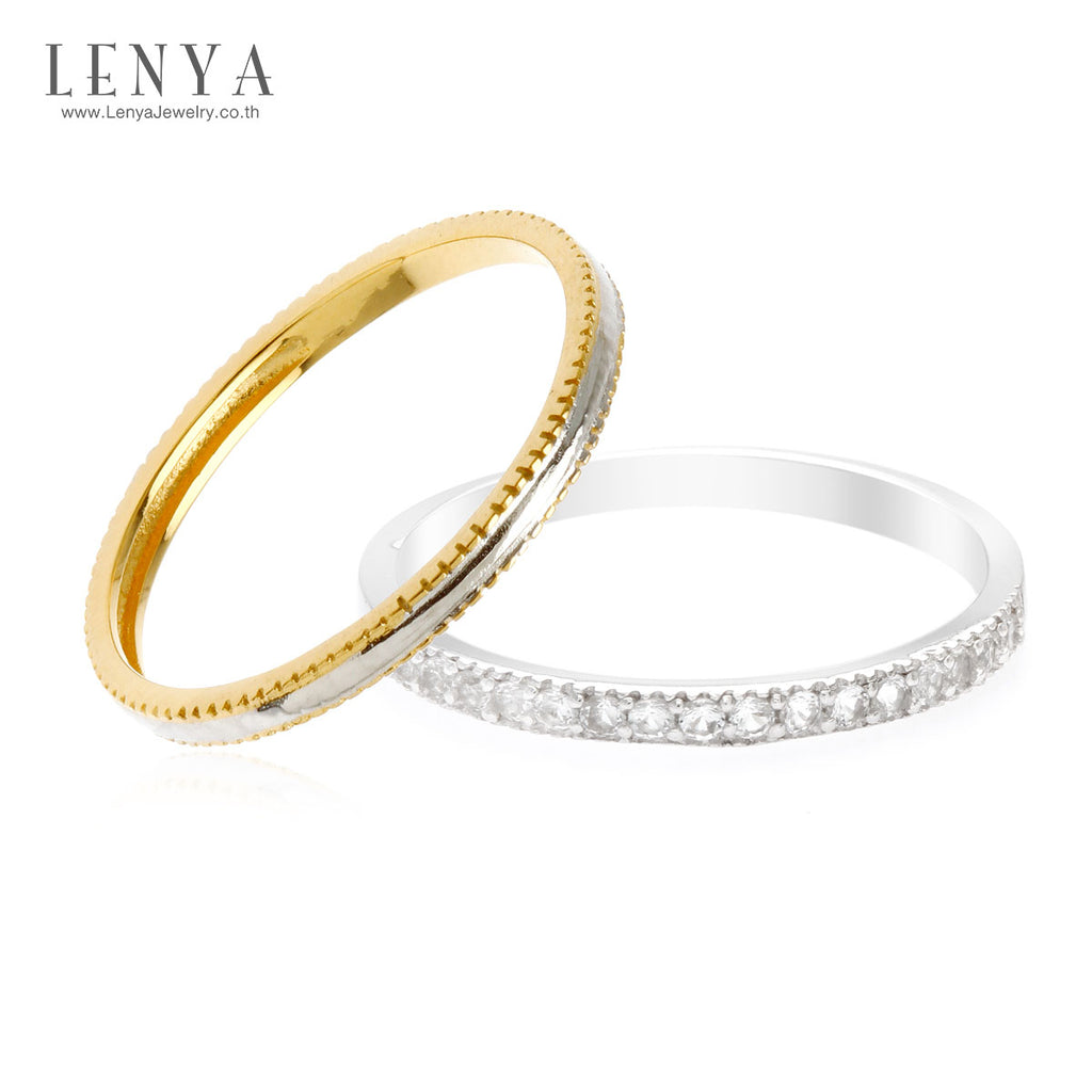 LENYA แหวนเงินแท้ 925 ดีไซน์ 2 in 1 ตัวเรือนชุปทองคำขาวประดับพลอย สีขาวไวท์ โทปาซ (White Topaz) แหวนเกลี้ยงดูเรียบหรู ชุปสองสี ทองคำขาวและทอง 18 เค สามารถ Mix and Match  และเลือกใส่ในแบบสไตส์คุณ