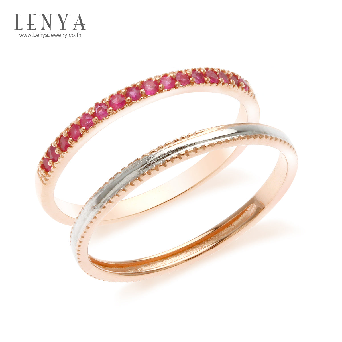 LENYA แหวนเงินแท้ 925 ดีไซน์ 2 in 1 ตัวเรือนชุปพิงค์โกลด์ประดับพลอย สีแดง ทัมทิม (Ruby) แหวนเกลี้ยงเพิ่มสเสน่ห์แสนหวาน ชุปสองสี ทองคำขาวและพิงค์โกลด์  สามารถ Mix and Match  และเลือกใส่ในแบบสไตส์คุณ