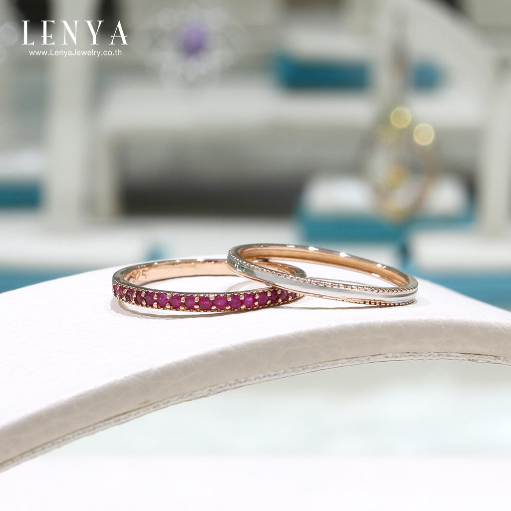 LENYA แหวนเงินแท้ 925 ดีไซน์ 2 in 1 ตัวเรือนชุปพิงค์โกลด์ประดับพลอย สีแดง ทัมทิม (Ruby) แหวนเกลี้ยงเพิ่มสเสน่ห์แสนหวาน ชุปสองสี ทองคำขาวและพิงค์โกลด์  สามารถ Mix and Match  และเลือกใส่ในแบบสไตส์คุณ