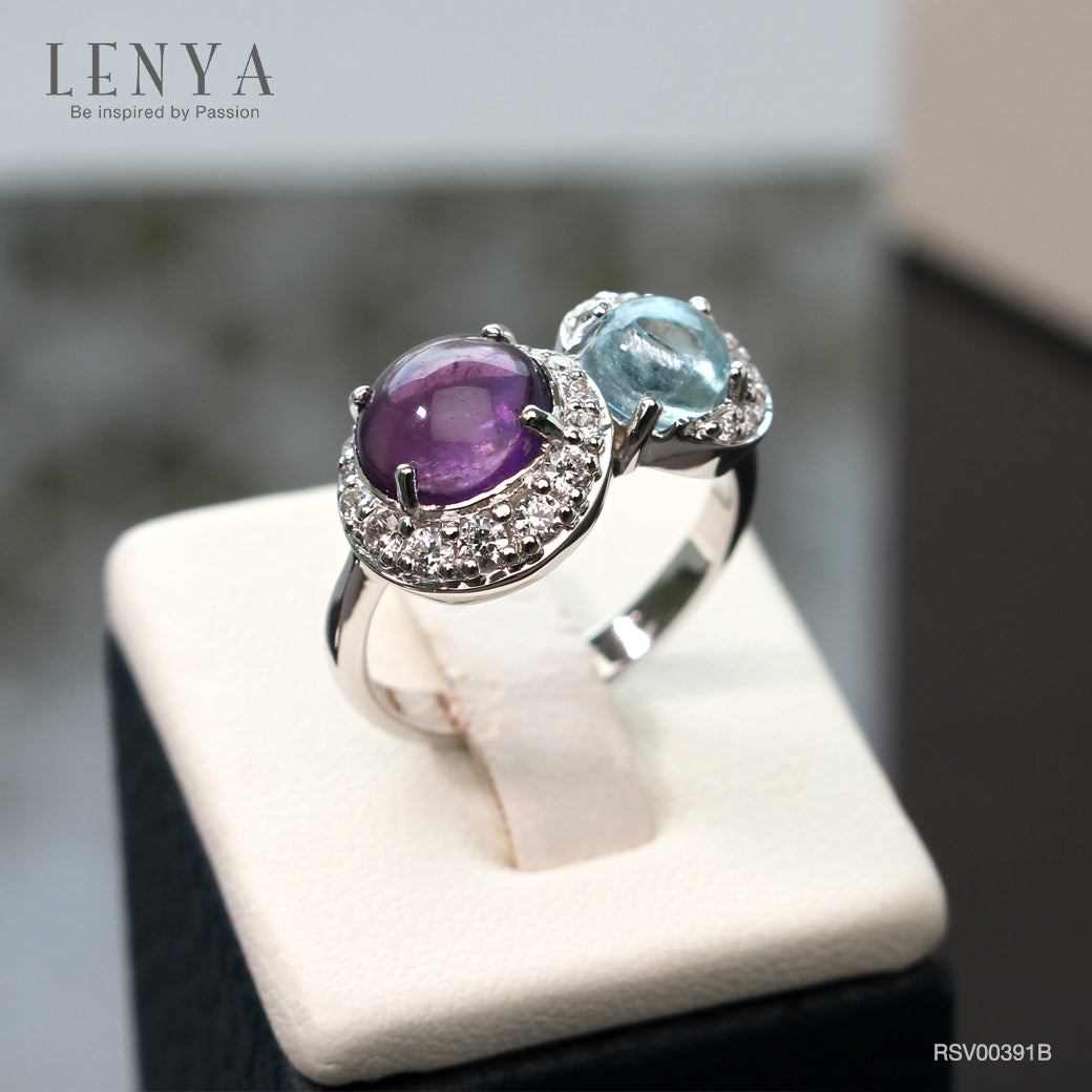 LENYA แหวนเงินแท้ 925 ดีไซน์เก๋ไก๋ ประดับพลอยอเมทิสต์ (Amethyst) บลูโทแพซ (Blue Topaz)  ล้อมด้วยคิวบิกเซอร์โคเนีย (Cubic Zirconia) แหวนสวยไม่ซ้ำใคร หรูหรา เหมาะกับสาวๆ