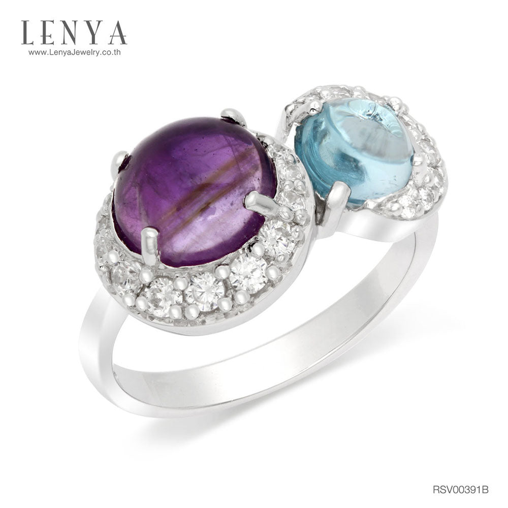 LENYA แหวนเงินแท้ 925 ดีไซน์เก๋ไก๋ ประดับพลอยอเมทิสต์ (Amethyst) บลูโทแพซ (Blue Topaz)  ล้อมด้วยคิวบิกเซอร์โคเนีย (Cubic Zirconia) แหวนสวยไม่ซ้ำใคร หรูหรา เหมาะกับสาวๆ