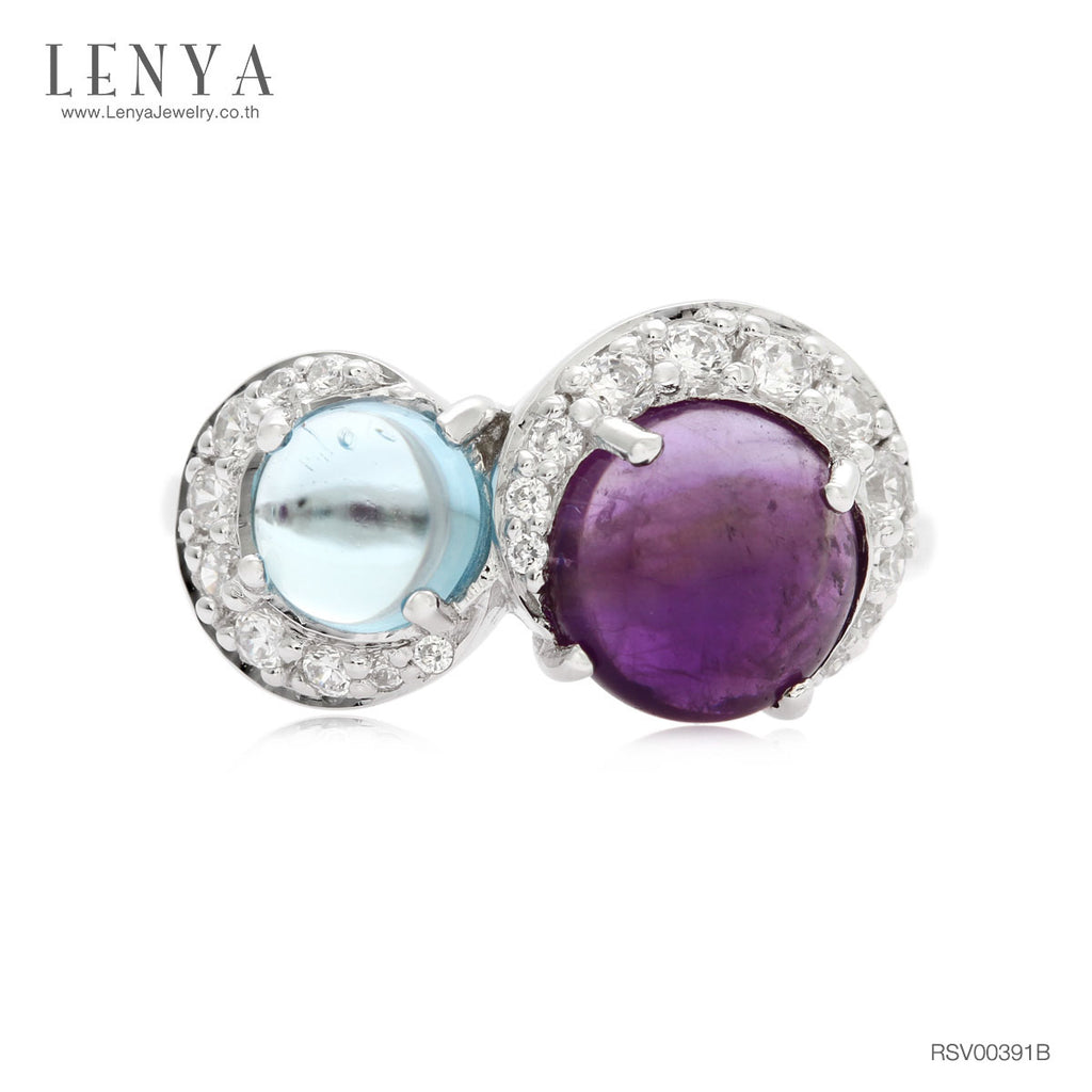 LENYA แหวนเงินแท้ 925 ดีไซน์เก๋ไก๋ ประดับพลอยอเมทิสต์ (Amethyst) บลูโทแพซ (Blue Topaz)  ล้อมด้วยคิวบิกเซอร์โคเนีย (Cubic Zirconia) แหวนสวยไม่ซ้ำใคร หรูหรา เหมาะกับสาวๆ