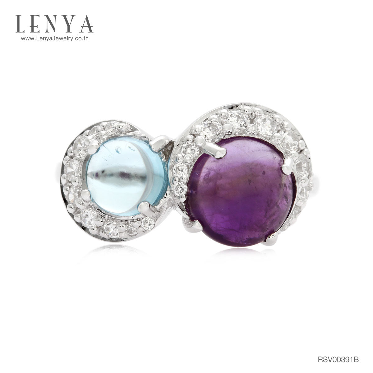 LENYA แหวนเงินแท้ 925 ดีไซน์เก๋ไก๋ ประดับพลอยอเมทิสต์ (Amethyst) บลูโทแพซ (Blue Topaz)  ล้อมด้วยคิวบิกเซอร์โคเนีย (Cubic Zirconia) แหวนสวยไม่ซ้ำใคร หรูหรา เหมาะกับสาวๆ