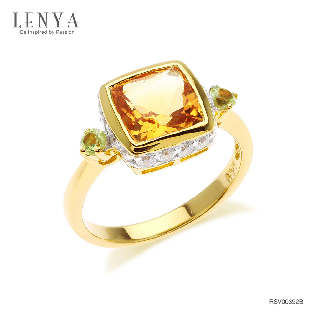 LENYA แหวนซิทริน(Citrine) สีเหลือง ประดับด้วย เพอริดอท(Peridot) และ คิวบิกเซอร์โคเนีย (Cubic Zirconia) ตัวเรือนเงินแท้ ชุบทองคำแท้