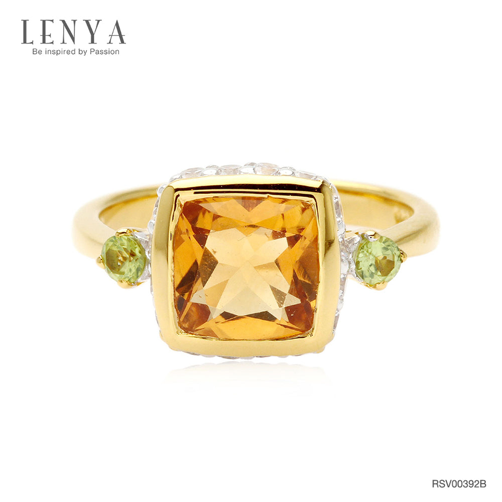 LENYA แหวนซิทริน(Citrine) สีเหลือง ประดับด้วย เพอริดอท(Peridot) และ คิวบิกเซอร์โคเนีย (Cubic Zirconia) ตัวเรือนเงินแท้ ชุบทองคำแท้