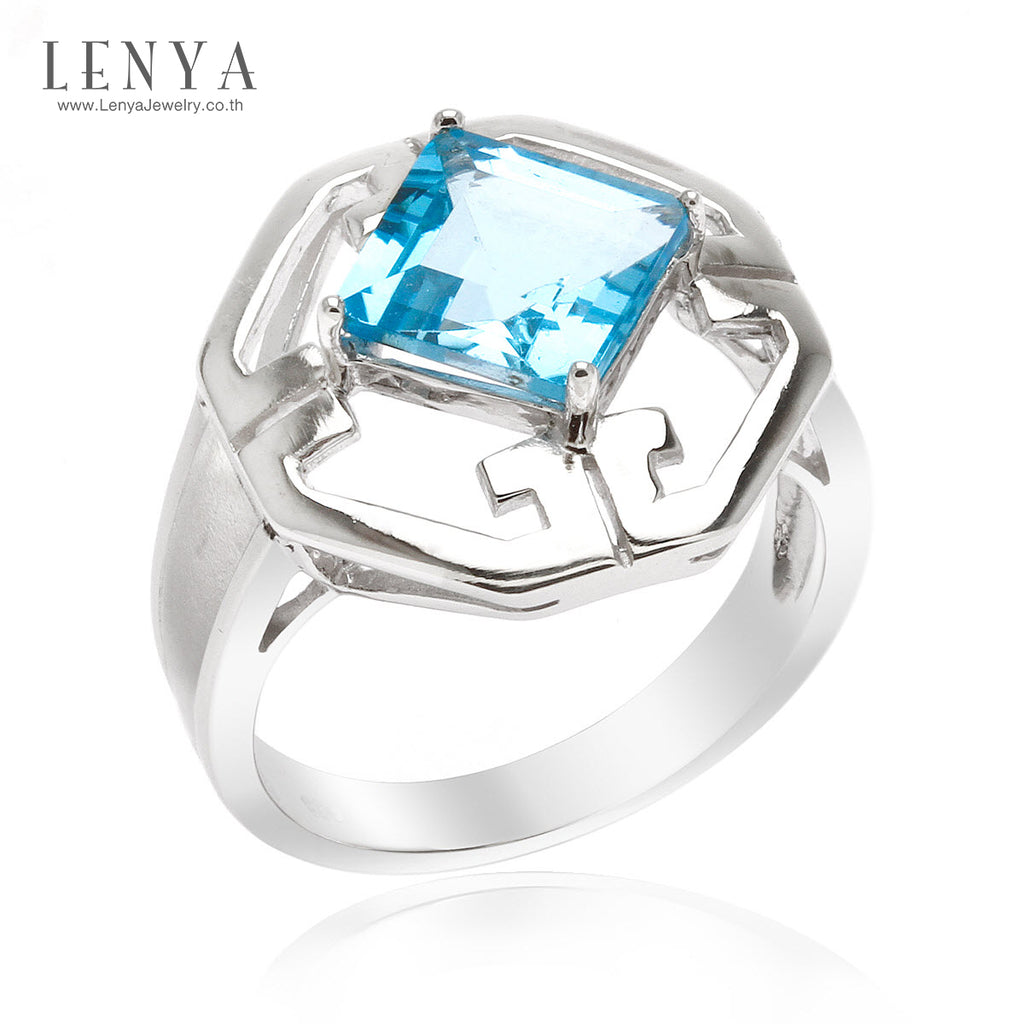 LENYA แหวนโทแพซ เงินแท้925 ชุบทองขาว ประดับเด่นด้วยพลอยสวิตซ์ บลู โทแพซ ( Swiss Blue Topaz ) รูปทรงสี่เหลี่ยม ดู โดเด่น กับดีไซน์ตัวเรือนที่ดูลงตัวเลอค่า ในคอเลคชั่น   product  champion