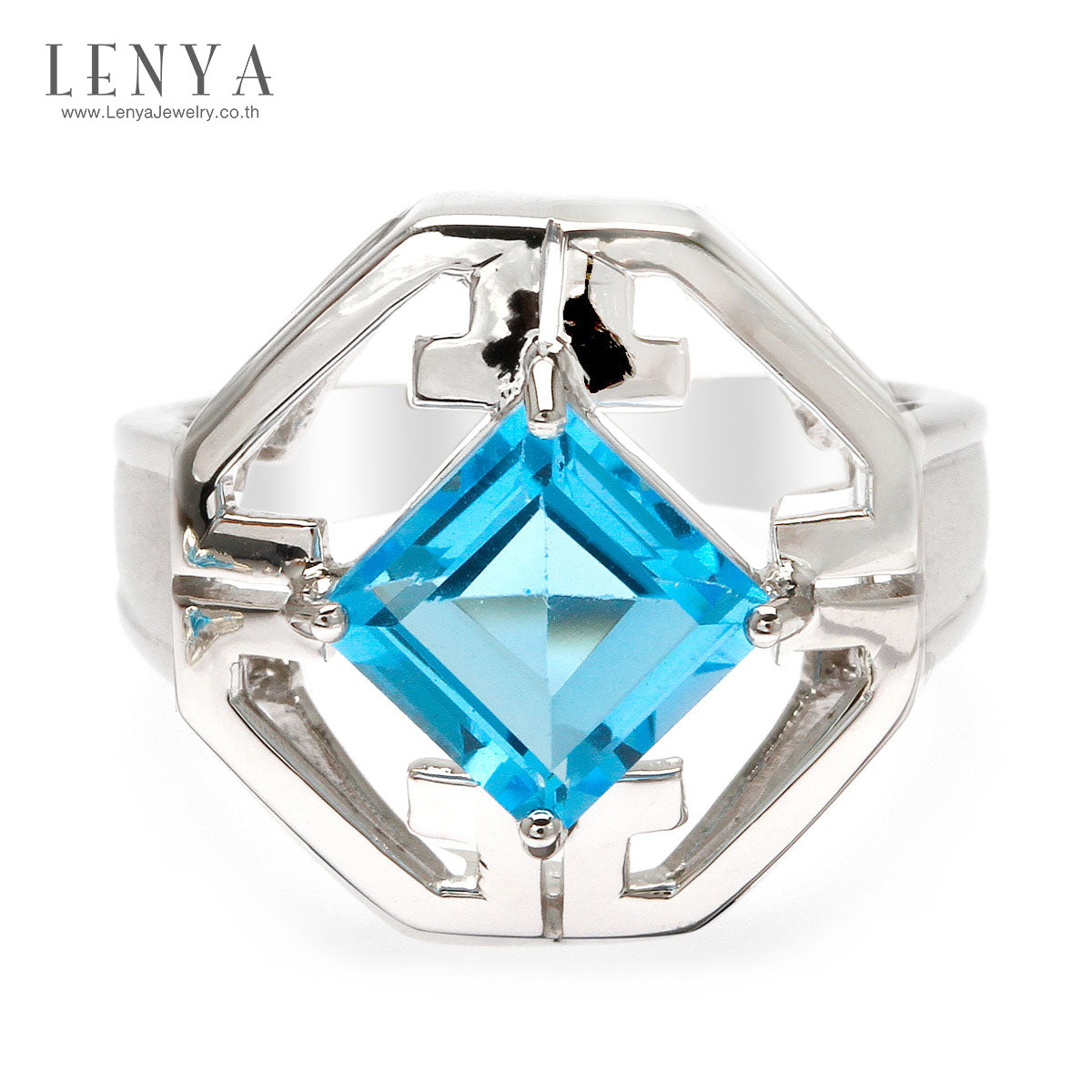 LENYA แหวนโทแพซ เงินแท้925 ชุบทองขาว ประดับเด่นด้วยพลอยสวิตซ์ บลู โทแพซ ( Swiss Blue Topaz ) รูปทรงสี่เหลี่ยม ดู โดเด่น กับดีไซน์ตัวเรือนที่ดูลงตัวเลอค่า ในคอเลคชั่น   product  champion