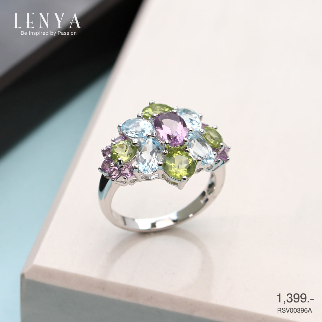 LENYA แหวนเงินแท้ ประดับพลอยอเมทิสต์ (Amethyst) บลูโทแพซ (Blue Topaz) เพอริดอท (Peridot)
