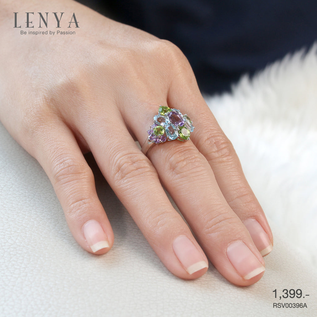 LENYA แหวนเงินแท้ ประดับพลอยอเมทิสต์ (Amethyst) บลูโทแพซ (Blue Topaz) เพอริดอท (Peridot)