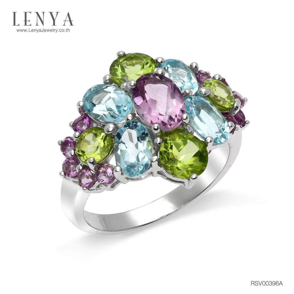 LENYA แหวนเงินแท้ ประดับพลอยอเมทิสต์ (Amethyst) บลูโทแพซ (Blue Topaz) เพอริดอท (Peridot)