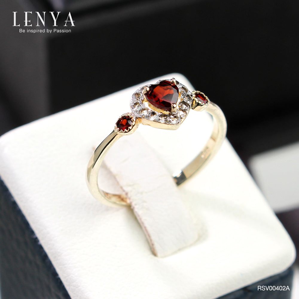 LENYA แหวนเงินแท้ 925 สุดเก๋กับดีไซน์ พลังแห่งความรัก ตัวเรือนชุปทอง 18 เค (18k Gold) ประดับด้วยพลอยสีแดง การ์เน็ต (Garnet) รอบล้อมหัวใจด้วยพลอยสีขาว ไวท์ โทแพซ (White Topaz )