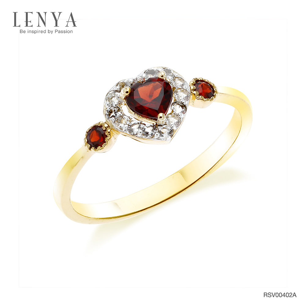 LENYA แหวนเงินแท้ 925 สุดเก๋กับดีไซน์ พลังแห่งความรัก ตัวเรือนชุปทอง 18 เค (18k Gold) ประดับด้วยพลอยสีแดง การ์เน็ต (Garnet) รอบล้อมหัวใจด้วยพลอยสีขาว ไวท์ โทแพซ (White Topaz )