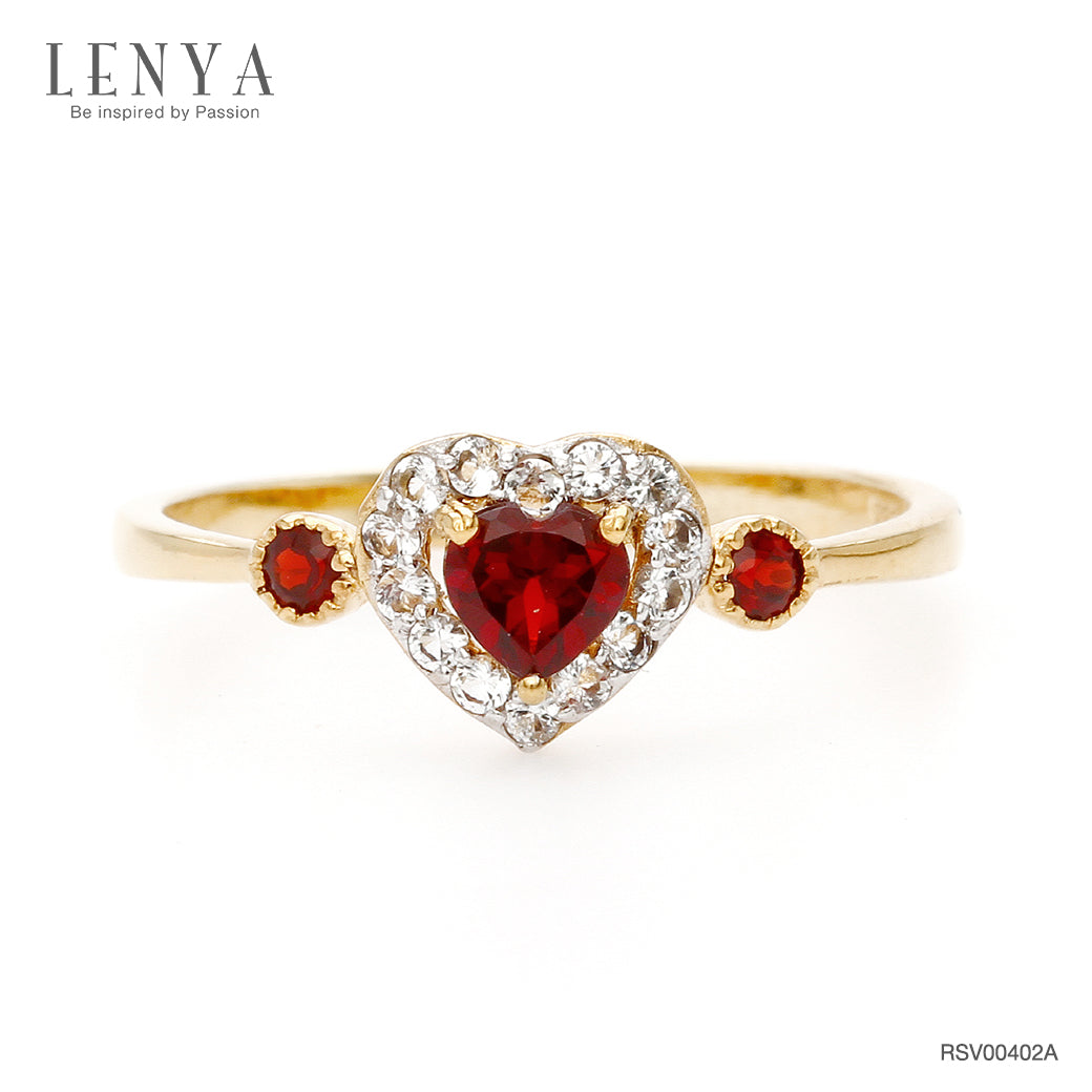 LENYA แหวนเงินแท้ 925 สุดเก๋กับดีไซน์ พลังแห่งความรัก ตัวเรือนชุปทอง 18 เค (18k Gold) ประดับด้วยพลอยสีแดง การ์เน็ต (Garnet) รอบล้อมหัวใจด้วยพลอยสีขาว ไวท์ โทแพซ (White Topaz )
