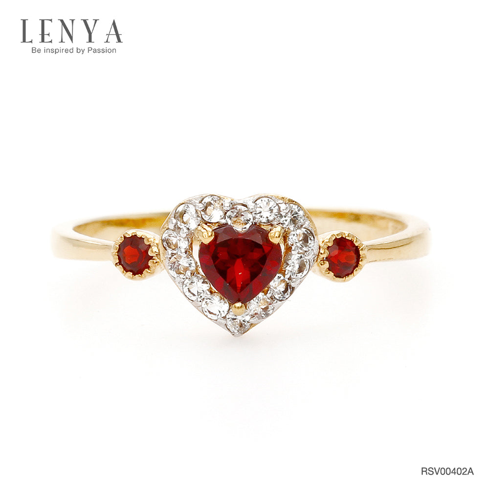 LENYA แหวนเงินแท้ 925 สุดเก๋กับดีไซน์ พลังแห่งความรัก ตัวเรือนชุปทอง 18 เค (18k Gold) ประดับด้วยพลอยสีแดง การ์เน็ต (Garnet) รอบล้อมหัวใจด้วยพลอยสีขาว ไวท์ โทแพซ (White Topaz )