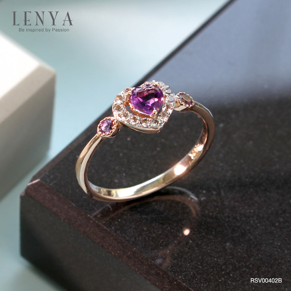 LENYA แหวนเงินแท้ 925 ดีไซน์รูปหัวใจน่ารัก ชุปพิงค์โกลด์ (Pink Gold) ประดับด้วยพลอยสีม่วง อเมทิสต์ (Amethyst) รอบล้อมหัวใจด้วยพลอยสีขาว ไวท์ โทแพซ(White Topaz )
