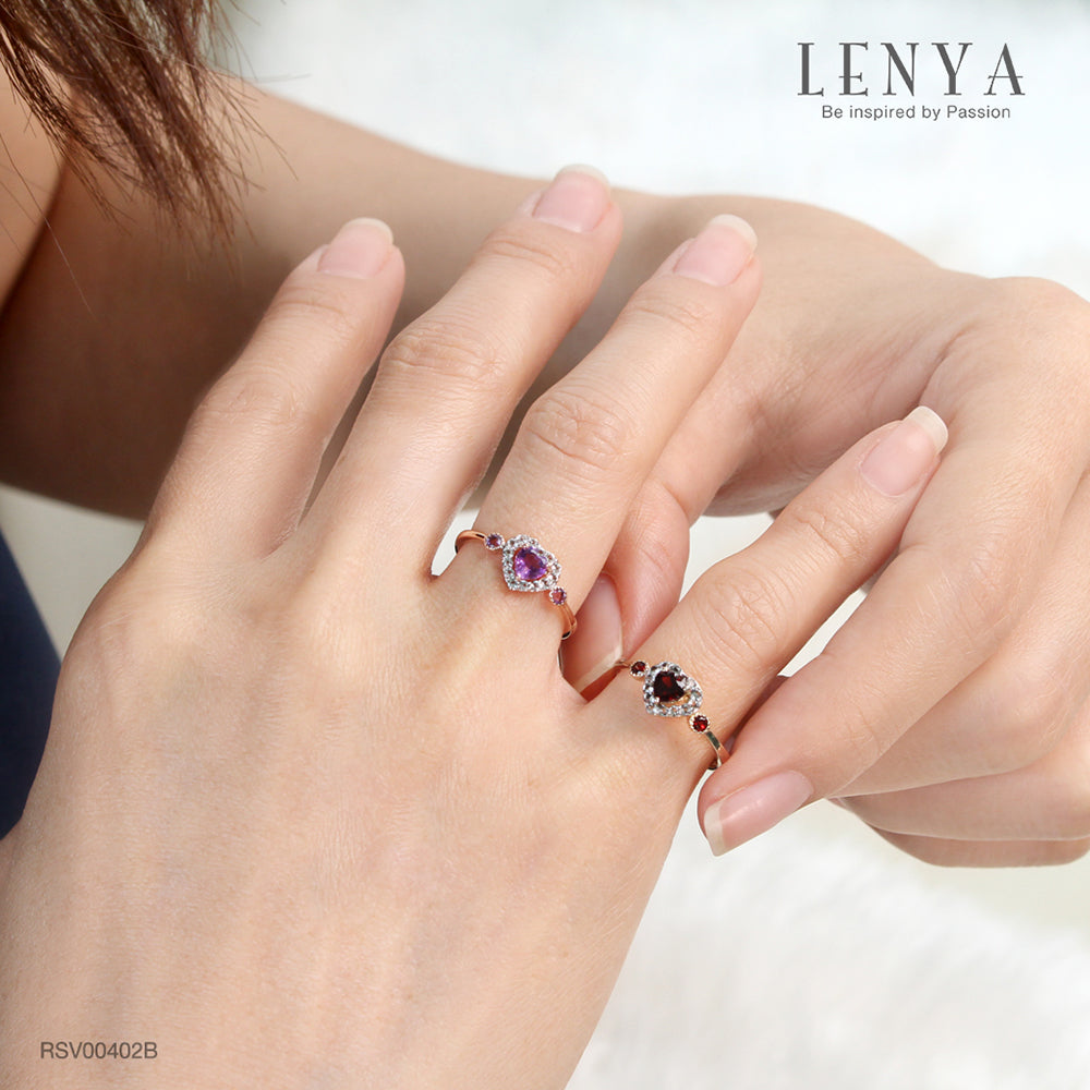 LENYA แหวนเงินแท้ 925 ดีไซน์รูปหัวใจน่ารัก ชุปพิงค์โกลด์ (Pink Gold) ประดับด้วยพลอยสีม่วง อเมทิสต์ (Amethyst) รอบล้อมหัวใจด้วยพลอยสีขาว ไวท์ โทแพซ(White Topaz )
