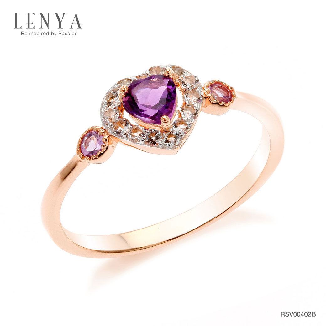 LENYA แหวนเงินแท้ 925 ดีไซน์รูปหัวใจน่ารัก ชุปพิงค์โกลด์ (Pink Gold) ประดับด้วยพลอยสีม่วง อเมทิสต์ (Amethyst) รอบล้อมหัวใจด้วยพลอยสีขาว ไวท์ โทแพซ(White Topaz )