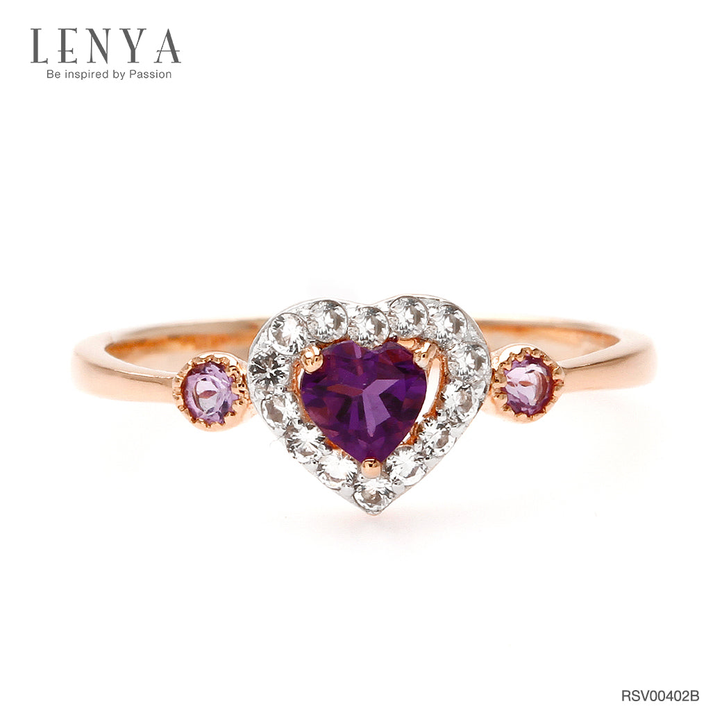 LENYA แหวนเงินแท้ 925 ดีไซน์รูปหัวใจน่ารัก ชุปพิงค์โกลด์ (Pink Gold) ประดับด้วยพลอยสีม่วง อเมทิสต์ (Amethyst) รอบล้อมหัวใจด้วยพลอยสีขาว ไวท์ โทแพซ(White Topaz )