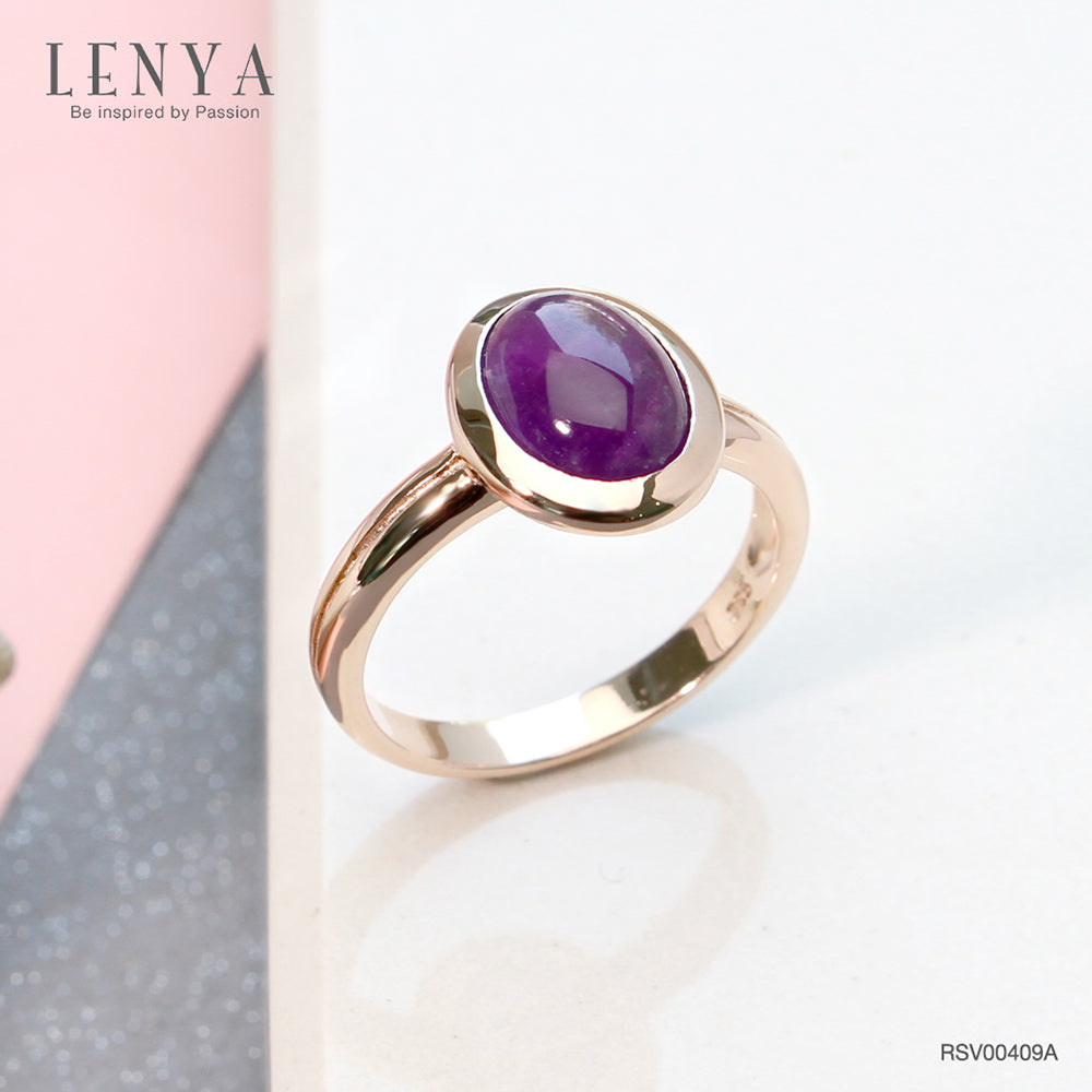 LENYA แหวนเงินแท้ 925 ชุปพิ้งโกล ประดับพลอยอเมทีสต์ (Amethyst) ช่วยผ่อนคลายความเครียด และความโกรธให้คลายลง