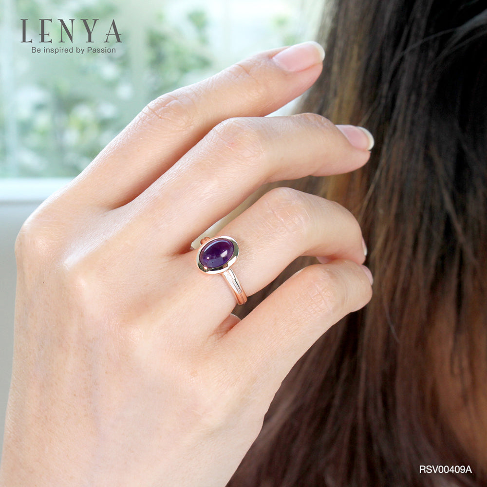 LENYA แหวนเงินแท้ 925 ชุปพิ้งโกล ประดับพลอยอเมทีสต์ (Amethyst) ช่วยผ่อนคลายความเครียด และความโกรธให้คลายลง