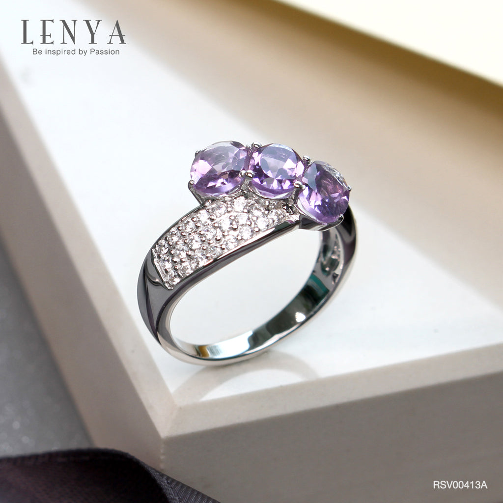 LENYA แหวนเงินแท้ 925 ดีไซน์เก๋ไก๋ ประดับพลอยอเมทิสต์ (Amethyst) ประดับด้วยคิวบิกเซอร์โคเนีย (Cubic Zirconia) แหวนสวยไม่ซ้ำใคร หรูหรา เหมาะกับสาวๆ