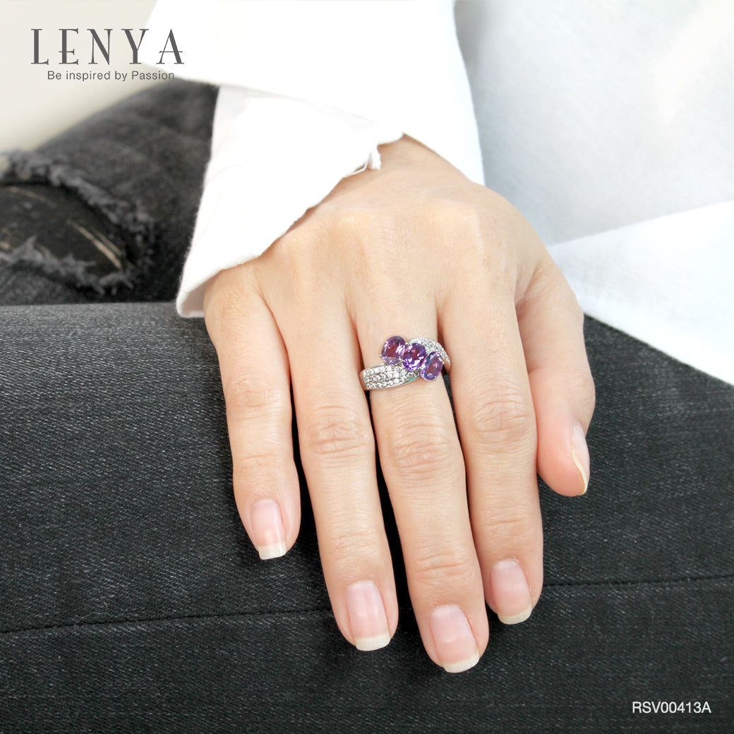LENYA แหวนเงินแท้ 925 ดีไซน์เก๋ไก๋ ประดับพลอยอเมทิสต์ (Amethyst) ประดับด้วยคิวบิกเซอร์โคเนีย (Cubic Zirconia) แหวนสวยไม่ซ้ำใคร หรูหรา เหมาะกับสาวๆ