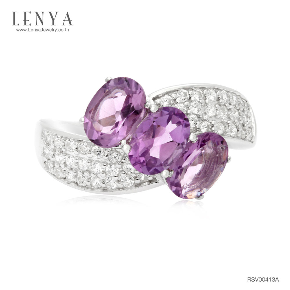 LENYA แหวนเงินแท้ 925 ดีไซน์เก๋ไก๋ ประดับพลอยอเมทิสต์ (Amethyst) ประดับด้วยคิวบิกเซอร์โคเนีย (Cubic Zirconia) แหวนสวยไม่ซ้ำใคร หรูหรา เหมาะกับสาวๆ