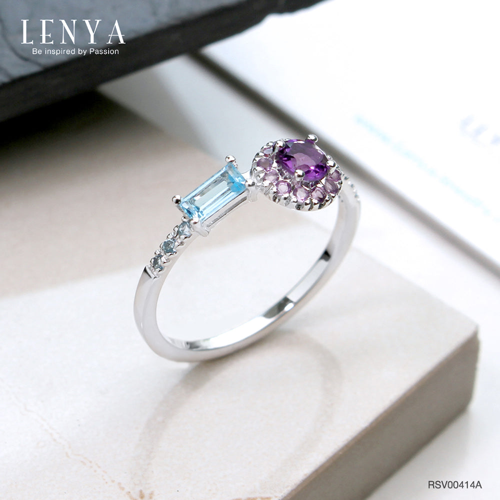 LENYA แหวนเงินแท้ 925 ชุบทองคำขาว ประดับพลอย อเมทิสต์, บูลโทแพซ ตัวเรือนเงินแท้